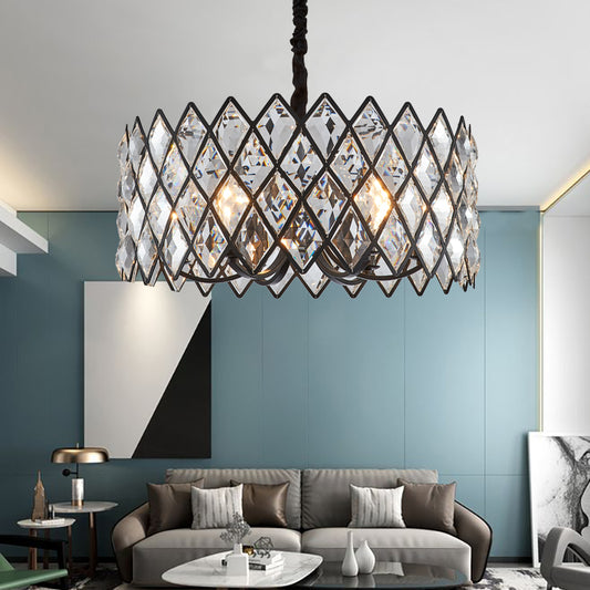 8 Light Living Room Ceiling Pendant Postmodern Black Chandelier Light with Drum Crystal and Metal Shade Black Clearhalo 'Ceiling Lights' 'Chandeliers' 'Modern Chandeliers' 'Modern' Lighting' 223256