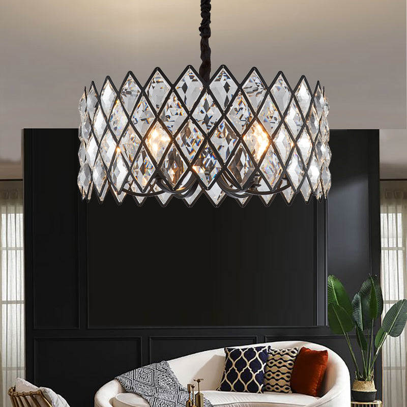 8 Light Living Room Ceiling Pendant Postmodern Black Chandelier Light with Drum Crystal and Metal Shade Clearhalo 'Ceiling Lights' 'Chandeliers' 'Modern Chandeliers' 'Modern' Lighting' 223257