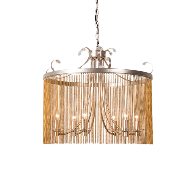 Cylinder Crystal Strand Chandelier Light Modern 3/5/6 Lights Gold Ceiling Pendant Light, 15"/19.5"/24.5" Wide Clearhalo 'Ceiling Lights' 'Chandeliers' 'Modern Chandeliers' 'Modern' Lighting' 223269