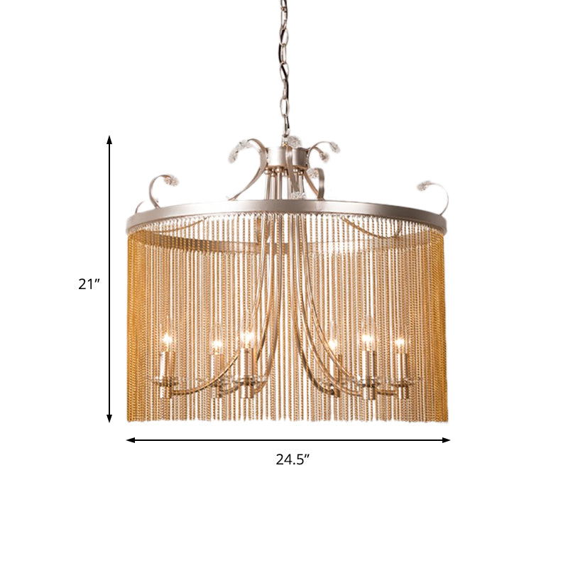 Cylinder Crystal Strand Chandelier Light Modern 3/5/6 Lights Gold Ceiling Pendant Light, 15"/19.5"/24.5" Wide Clearhalo 'Ceiling Lights' 'Chandeliers' 'Modern Chandeliers' 'Modern' Lighting' 223270