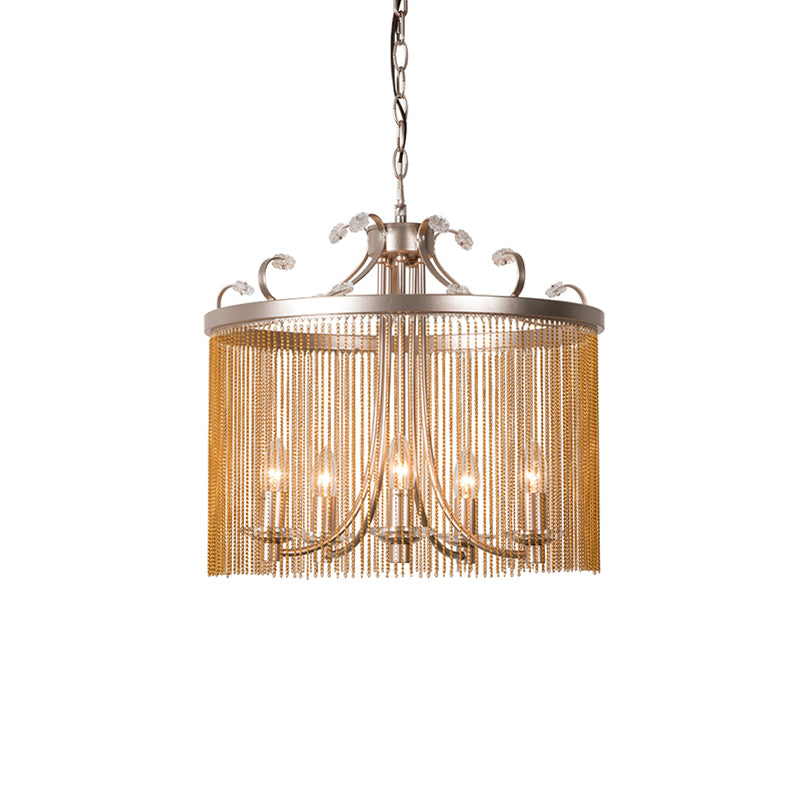 Cylinder Crystal Strand Chandelier Light Modern 3/5/6 Lights Gold Ceiling Pendant Light, 15"/19.5"/24.5" Wide Clearhalo 'Ceiling Lights' 'Chandeliers' 'Modern Chandeliers' 'Modern' Lighting' 223272