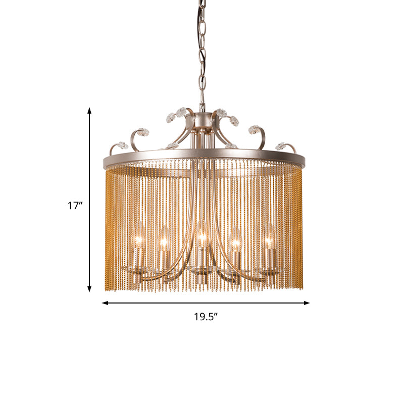 Cylinder Crystal Strand Chandelier Light Modern 3/5/6 Lights Gold Ceiling Pendant Light, 15"/19.5"/24.5" Wide Clearhalo 'Ceiling Lights' 'Chandeliers' 'Modern Chandeliers' 'Modern' Lighting' 223273