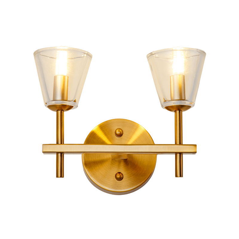 1/2-Light Clear Glass Wall Light Modern Style Gold Cone Bedroom Wall Sconce with Clean-Lined Arm Clearhalo 'Wall Lamps & Sconces' 'Wall Lights' Lighting' 223280