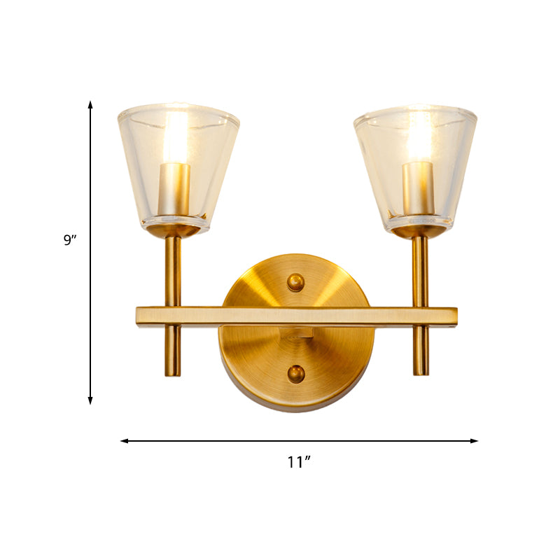 1/2-Light Clear Glass Wall Light Modern Style Gold Cone Bedroom Wall Sconce with Clean-Lined Arm Clearhalo 'Wall Lamps & Sconces' 'Wall Lights' Lighting' 223281