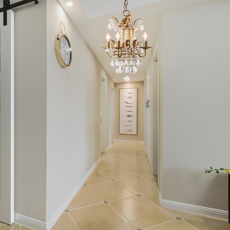 4 Lights Corridor Chandelier Light Modern Gold Hanging Lamp with Candle Crystal Drop Gold Clearhalo 'Ceiling Lights' 'Chandeliers' 'Modern Chandeliers' 'Modern' Lighting' 223285