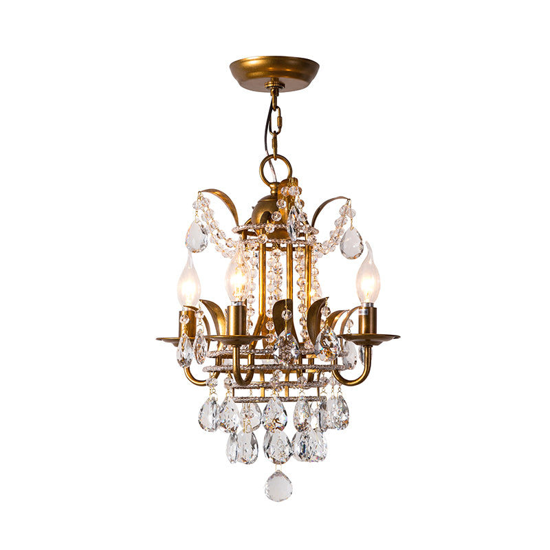 4 Lights Corridor Chandelier Light Modern Gold Hanging Lamp with Candle Crystal Drop Clearhalo 'Ceiling Lights' 'Chandeliers' 'Modern Chandeliers' 'Modern' Lighting' 223287