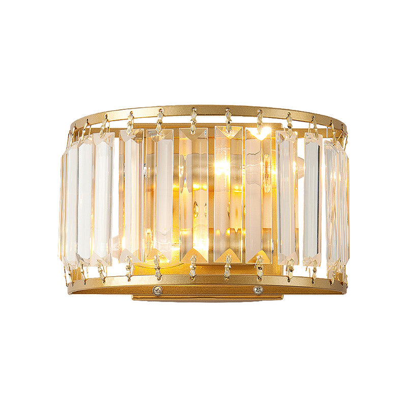 Drum Shaped Wall Sconce Fixture Modern Style Clear Crystal 1 Light Living Room Sconce Lighting in Brass Clearhalo 'Modern wall lights' 'Modern' 'Wall Lamps & Sconces' 'Wall Lights' Lighting' 223297