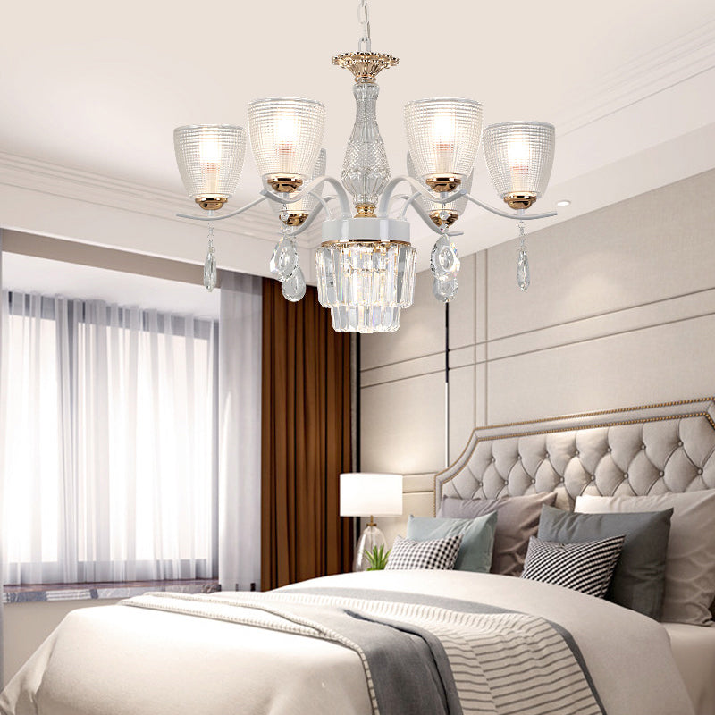 Prism Glass Cup Hanging Light Kit Contemporary 3/6/8 Lights White Chandelier Lamp with Cone Crystal Shade 6 White Clearhalo 'Ceiling Lights' 'Chandeliers' 'Modern Chandeliers' 'Modern' Lighting' 223306