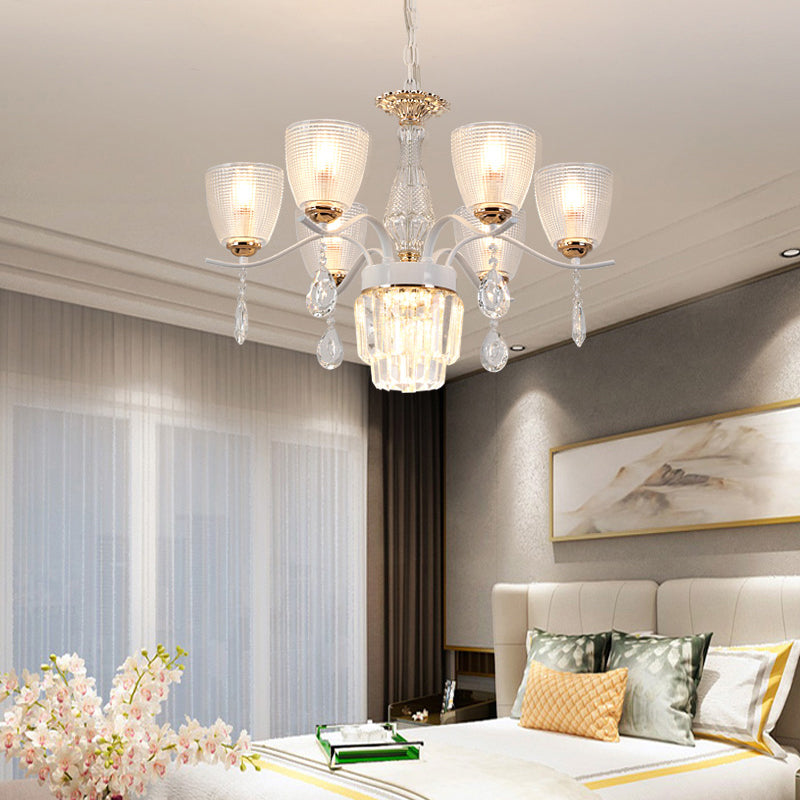 Prism Glass Cup Hanging Light Kit Contemporary 3/6/8 Lights White Chandelier Lamp with Cone Crystal Shade Clearhalo 'Ceiling Lights' 'Chandeliers' 'Modern Chandeliers' 'Modern' Lighting' 223307