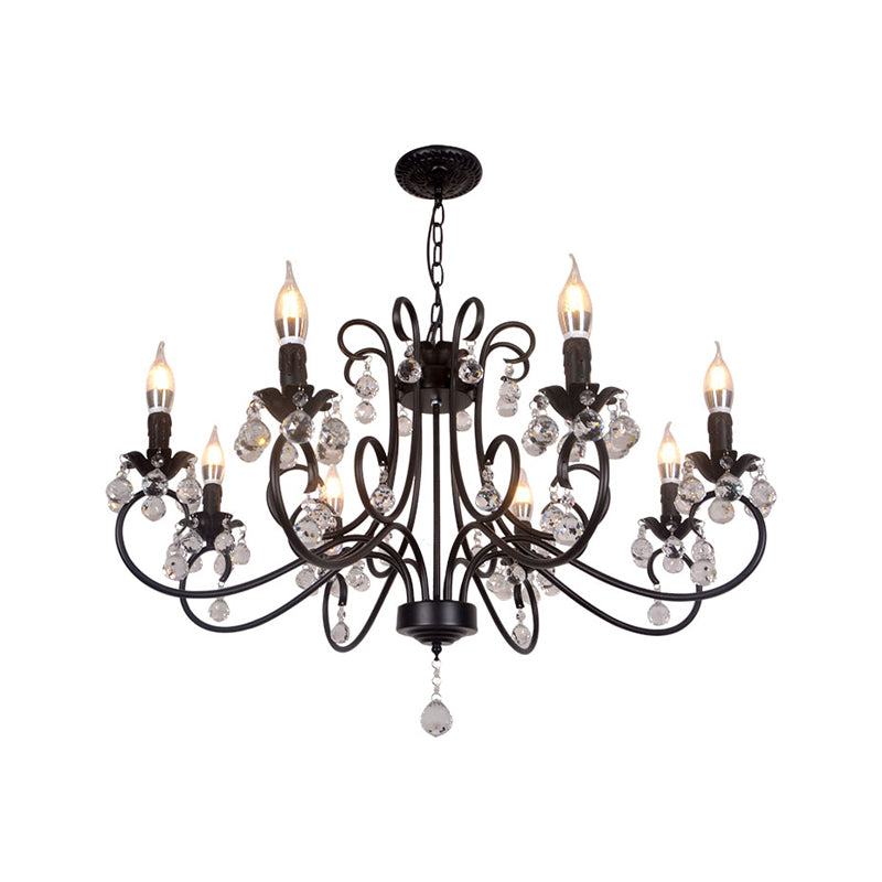 Bent Arm Frame Ceiling Light Vintage 6/8 Lights Black Suspension Light for Living Room with Crystal Drop Clearhalo 'Ceiling Lights' 'Chandeliers' 'Modern Chandeliers' 'Modern' Lighting' 223319