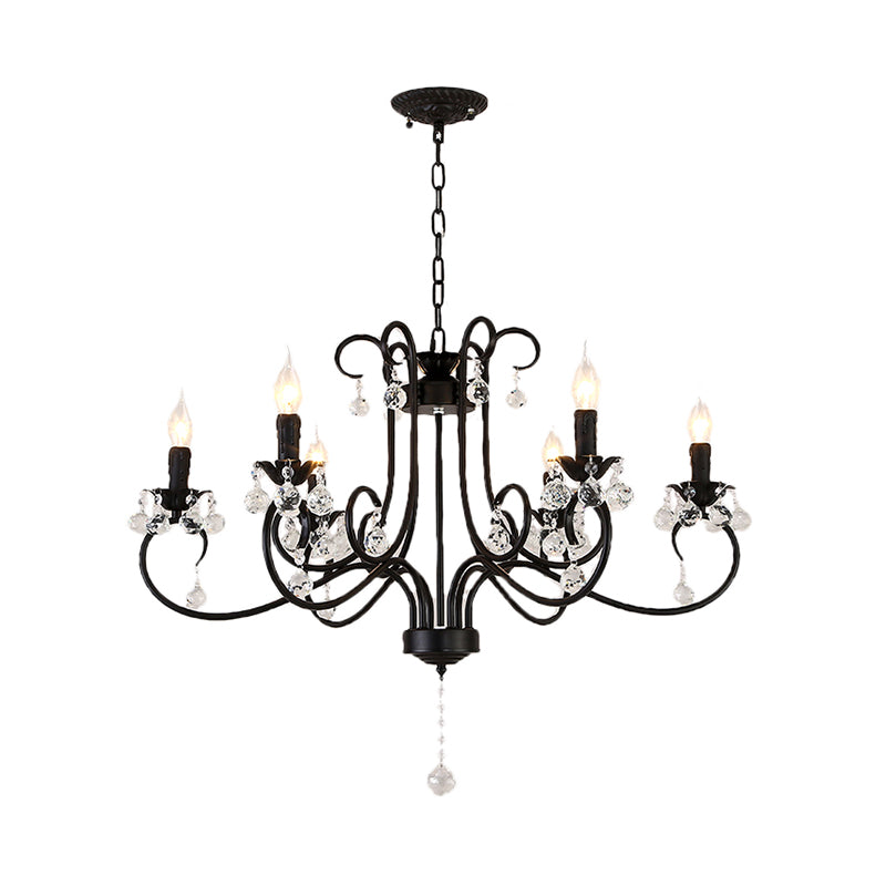 Bent Arm Frame Ceiling Light Vintage 6/8 Lights Black Suspension Light for Living Room with Crystal Drop Clearhalo 'Ceiling Lights' 'Chandeliers' 'Modern Chandeliers' 'Modern' Lighting' 223322