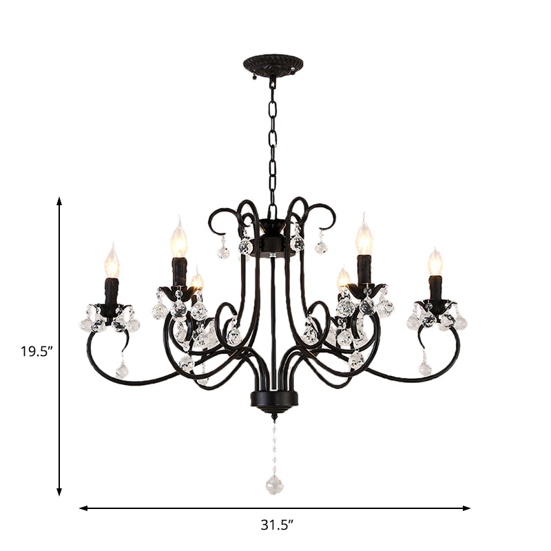 Bent Arm Frame Ceiling Light Vintage 6/8 Lights Black Suspension Light for Living Room with Crystal Drop Clearhalo 'Ceiling Lights' 'Chandeliers' 'Modern Chandeliers' 'Modern' Lighting' 223323