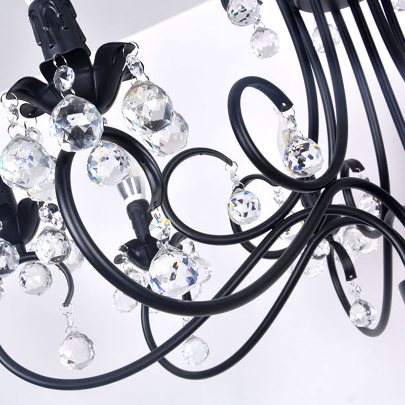 Bent Arm Frame Ceiling Light Vintage 6/8 Lights Black Suspension Light for Living Room with Crystal Drop Clearhalo 'Ceiling Lights' 'Chandeliers' 'Modern Chandeliers' 'Modern' Lighting' 223324