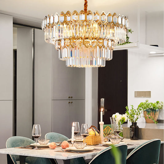 Modern Layered Chandelier Light Faceted Clear Crystal Prism 8 Lights Gold Hanging Light Kit Gold Clearhalo 'Ceiling Lights' 'Chandeliers' 'Modern Chandeliers' 'Modern' Lighting' 223325