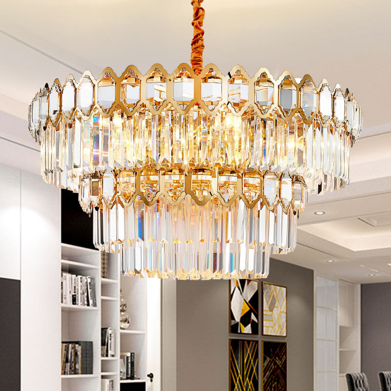 Modern Layered Chandelier Light Faceted Clear Crystal Prism 8 Lights Gold Hanging Light Kit Clearhalo 'Ceiling Lights' 'Chandeliers' 'Modern Chandeliers' 'Modern' Lighting' 223326