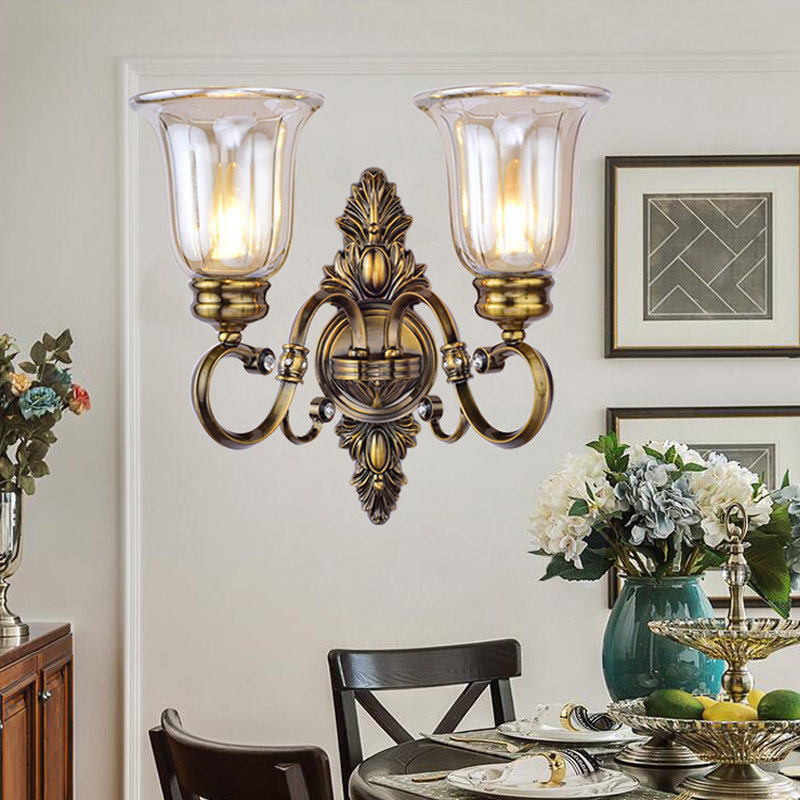 1/2-Light Clear Glass Wall Light Traditional Bronze Bell Shade Dining Room Sconce Light with Curvy Arm 2.0 Bronze Clearhalo 'Wall Lamps & Sconces' 'Wall Lights' Lighting' 223345