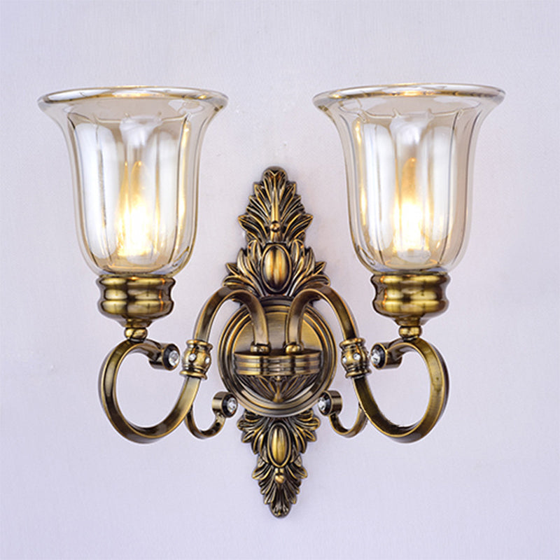 1/2-Light Clear Glass Wall Light Traditional Bronze Bell Shade Dining Room Sconce Light with Curvy Arm Clearhalo 'Wall Lamps & Sconces' 'Wall Lights' Lighting' 223346