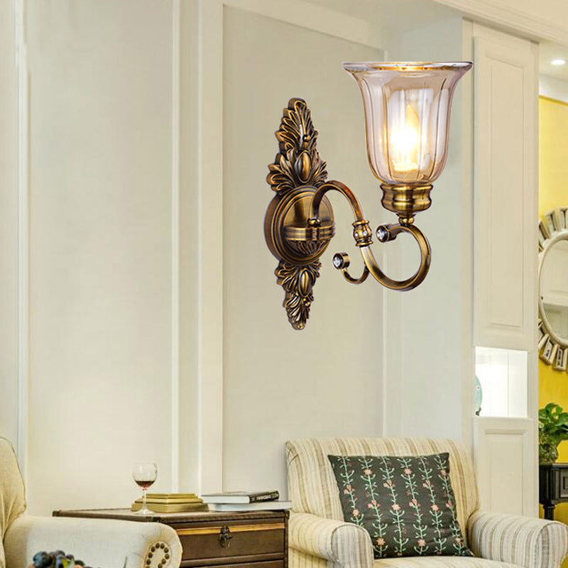 1/2-Light Clear Glass Wall Light Traditional Bronze Bell Shade Dining Room Sconce Light with Curvy Arm 1.0 Bronze Clearhalo 'Wall Lamps & Sconces' 'Wall Lights' Lighting' 223349