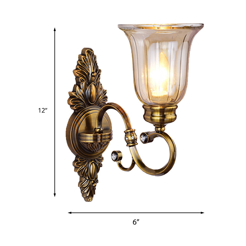 1/2-Light Clear Glass Wall Light Traditional Bronze Bell Shade Dining Room Sconce Light with Curvy Arm Clearhalo 'Wall Lamps & Sconces' 'Wall Lights' Lighting' 223352