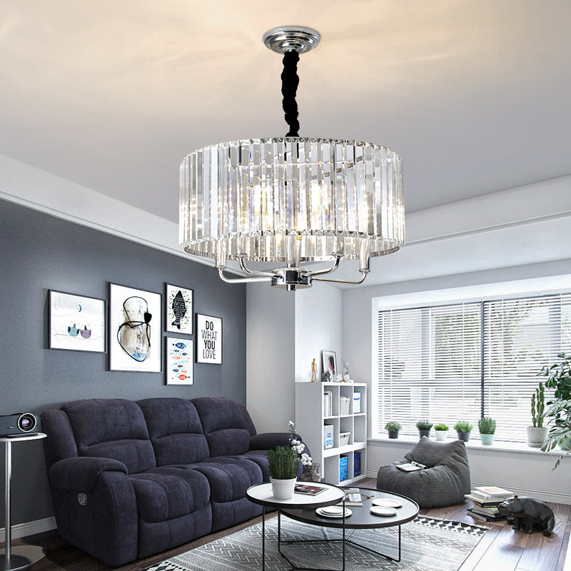 Tri-Sided Glass Rod Drum Ceiling Light Modern 4 Lights Chrome Ceiling Light, 19.5"/23.5" Wide Chrome 19.5" Clearhalo 'Ceiling Lights' 'Chandeliers' 'Modern Chandeliers' 'Modern' Lighting' 223368