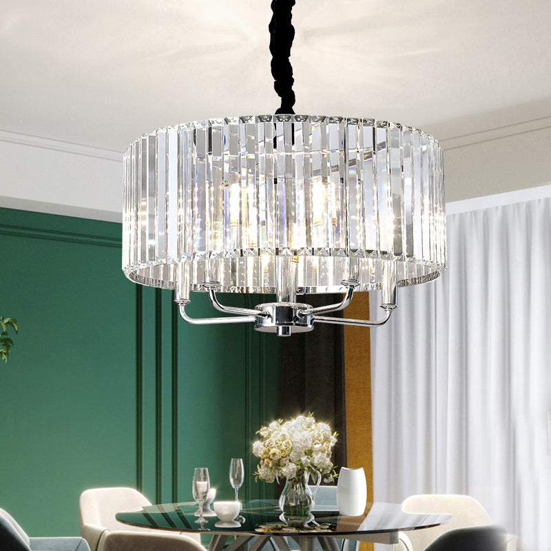 Tri-Sided Glass Rod Drum Ceiling Light Modern 4 Lights Chrome Ceiling Light, 19.5"/23.5" Wide Clearhalo 'Ceiling Lights' 'Chandeliers' 'Modern Chandeliers' 'Modern' Lighting' 223369