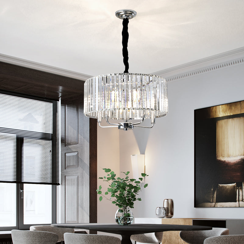 Tri-Sided Glass Rod Drum Ceiling Light Modern 4 Lights Chrome Ceiling Light, 19.5"/23.5" Wide Chrome 23.5" Clearhalo 'Ceiling Lights' 'Chandeliers' 'Modern Chandeliers' 'Modern' Lighting' 223370