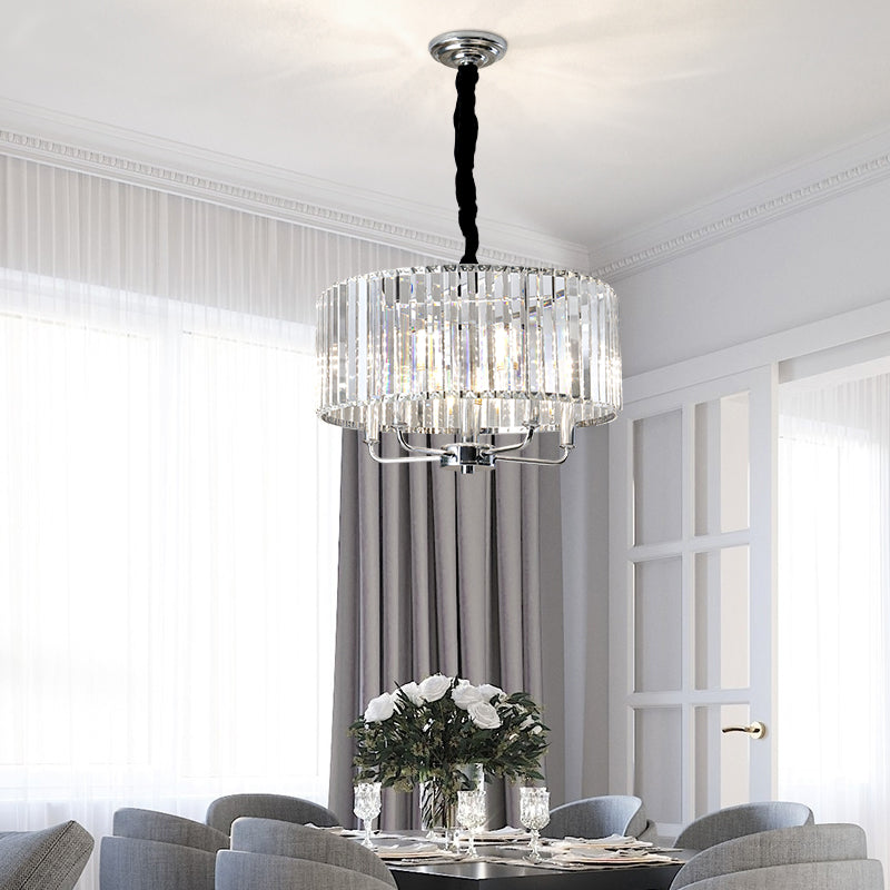 Tri-Sided Glass Rod Drum Ceiling Light Modern 4 Lights Chrome Ceiling Light, 19.5"/23.5" Wide Clearhalo 'Ceiling Lights' 'Chandeliers' 'Modern Chandeliers' 'Modern' Lighting' 223371