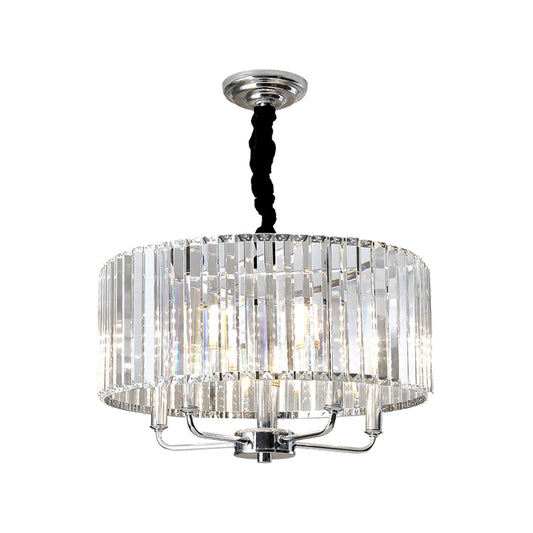 Tri-Sided Glass Rod Drum Ceiling Light Modern 4 Lights Chrome Ceiling Light, 19.5"/23.5" Wide Clearhalo 'Ceiling Lights' 'Chandeliers' 'Modern Chandeliers' 'Modern' Lighting' 223372