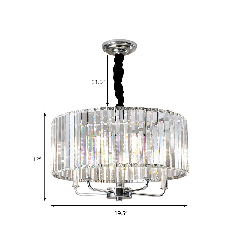 Tri-Sided Glass Rod Drum Ceiling Light Modern 4 Lights Chrome Ceiling Light, 19.5"/23.5" Wide Clearhalo 'Ceiling Lights' 'Chandeliers' 'Modern Chandeliers' 'Modern' Lighting' 223373