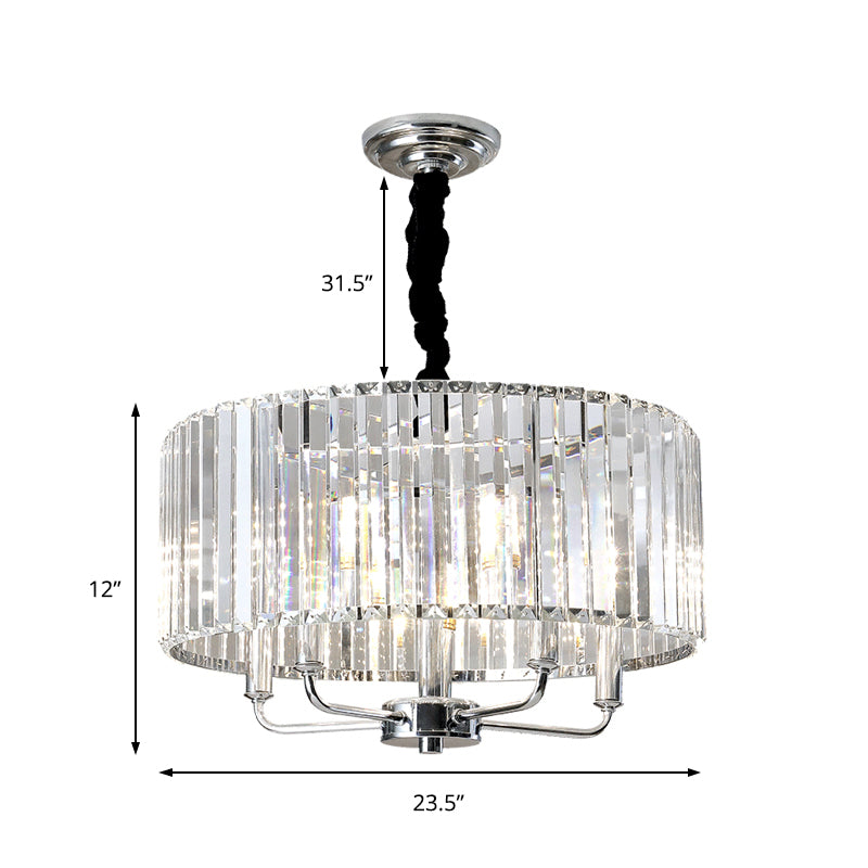 Tri-Sided Glass Rod Drum Ceiling Light Modern 4 Lights Chrome Ceiling Light, 19.5"/23.5" Wide Clearhalo 'Ceiling Lights' 'Chandeliers' 'Modern Chandeliers' 'Modern' Lighting' 223374