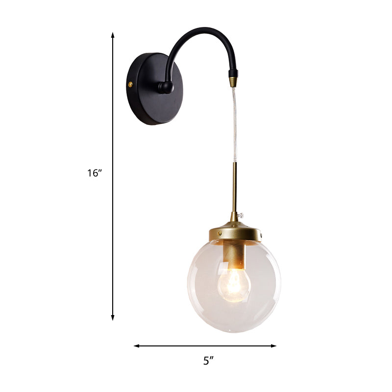 1-Light Clear Glass Wall Sconce Traditional Black Globe Shade Dining Room Sconce Light with Arched Arm Clearhalo 'Wall Lamps & Sconces' 'Wall Lights' Lighting' 223380