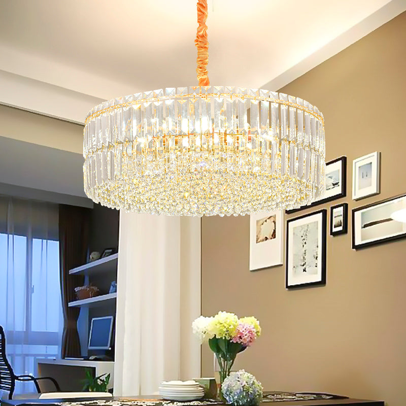 Gold Drum Chandelier Light Contemporary 6/8 Lights Rectangular-Cut Crystal Hanging Ceiling Light, 19.5"/23.5" Wide Gold Clearhalo 'Ceiling Lights' 'Chandeliers' 'Modern Chandeliers' 'Modern' Lighting' 223381