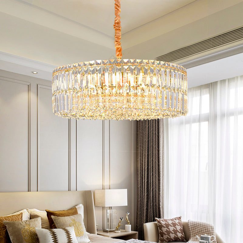 Gold Drum Chandelier Light Contemporary 6/8 Lights Rectangular-Cut Crystal Hanging Ceiling Light, 19.5"/23.5" Wide Clearhalo 'Ceiling Lights' 'Chandeliers' 'Modern Chandeliers' 'Modern' Lighting' 223382