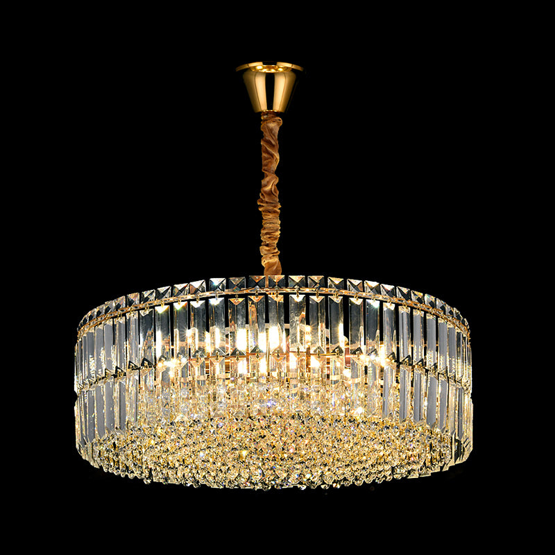 Gold Drum Chandelier Light Contemporary 6/8 Lights Rectangular-Cut Crystal Hanging Ceiling Light, 19.5"/23.5" Wide Clearhalo 'Ceiling Lights' 'Chandeliers' 'Modern Chandeliers' 'Modern' Lighting' 223383