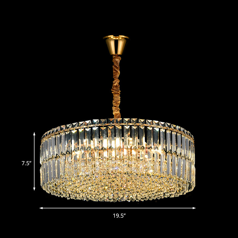 Gold Drum Chandelier Light Contemporary 6/8 Lights Rectangular-Cut Crystal Hanging Ceiling Light, 19.5"/23.5" Wide Clearhalo 'Ceiling Lights' 'Chandeliers' 'Modern Chandeliers' 'Modern' Lighting' 223384