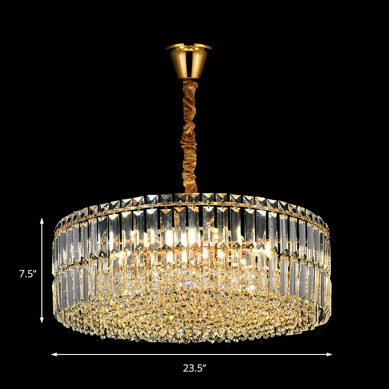 Gold Drum Chandelier Light Contemporary 6/8 Lights Rectangular-Cut Crystal Hanging Ceiling Light, 19.5"/23.5" Wide Clearhalo 'Ceiling Lights' 'Chandeliers' 'Modern Chandeliers' 'Modern' Lighting' 223385