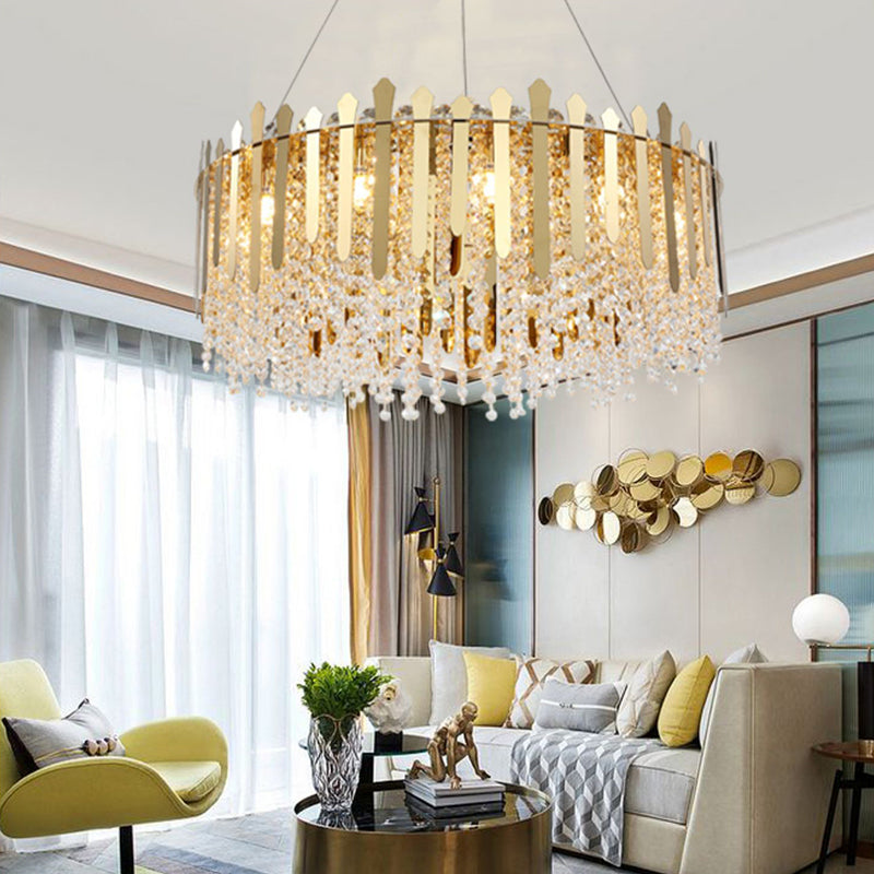 6 Lights Living Room Hanging Light Kit Brass Chandelier Light with Drum Crystal Strand Shade Brass Clearhalo 'Ceiling Lights' 'Chandeliers' 'Modern Chandeliers' 'Modern' Lighting' 223387