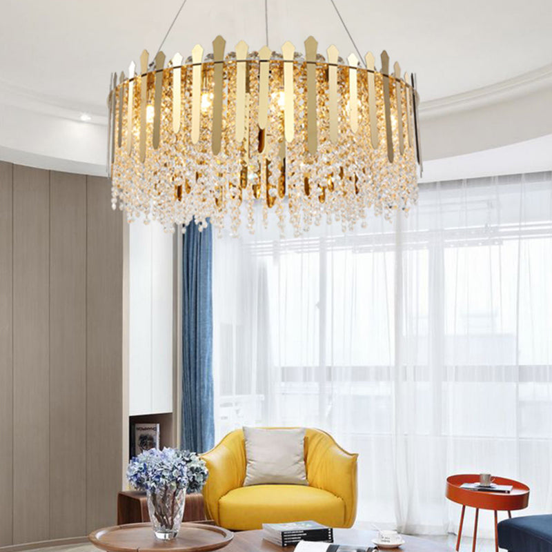 6 Lights Living Room Hanging Light Kit Brass Chandelier Light with Drum Crystal Strand Shade Clearhalo 'Ceiling Lights' 'Chandeliers' 'Modern Chandeliers' 'Modern' Lighting' 223388