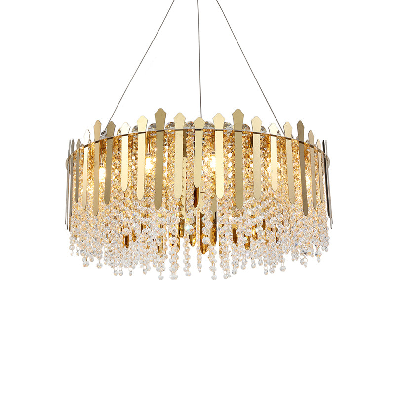 6 Lights Living Room Hanging Light Kit Brass Chandelier Light with Drum Crystal Strand Shade Clearhalo 'Ceiling Lights' 'Chandeliers' 'Modern Chandeliers' 'Modern' Lighting' 223389