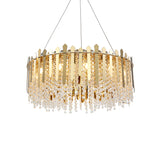 6 Lights Living Room Hanging Light Kit Brass Chandelier Light with Drum Crystal Strand Shade Clearhalo 'Ceiling Lights' 'Chandeliers' 'Modern Chandeliers' 'Modern' Lighting' 223389