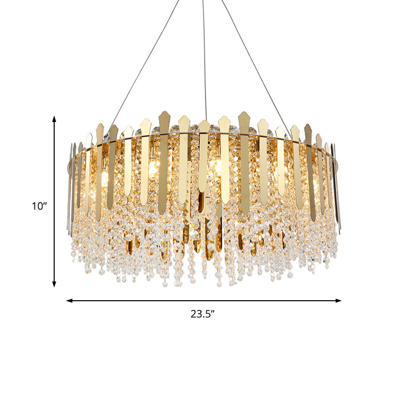 6 Lights Living Room Hanging Light Kit Brass Chandelier Light with Drum Crystal Strand Shade Clearhalo 'Ceiling Lights' 'Chandeliers' 'Modern Chandeliers' 'Modern' Lighting' 223390