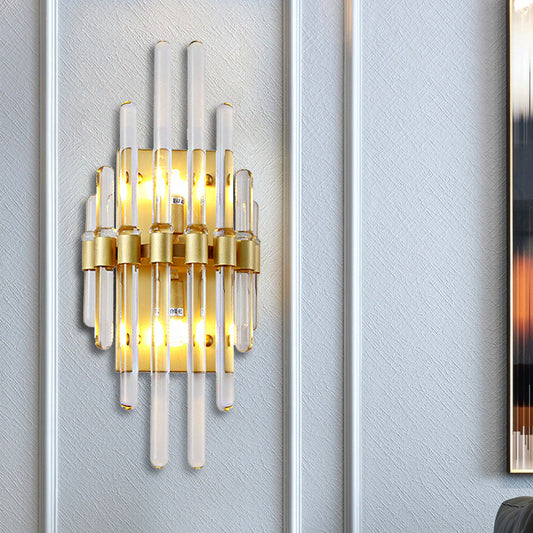 Clear Crystal Tube Wall Lighting Contemporary 2 Lights Wall Mounted Light in Brass for Living Room Brass Clearhalo 'Cast Iron' 'Glass' 'Industrial' 'Modern wall lights' 'Modern' 'Tiffany' 'Traditional wall lights' 'Wall Lamps & Sconces' 'Wall Lights' Lighting' 223392
