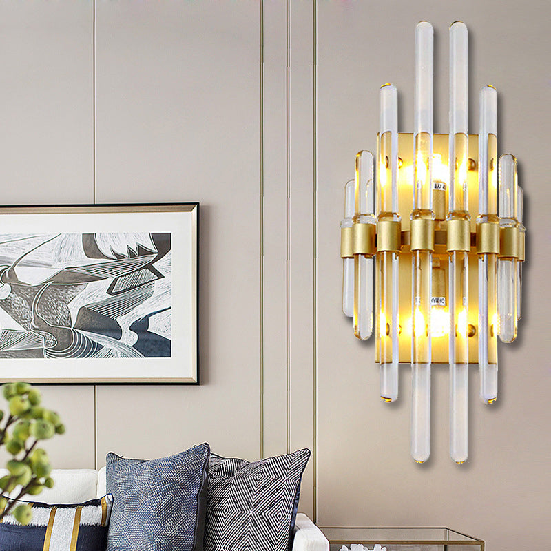 Clear Crystal Tube Wall Lighting Contemporary 2 Lights Wall Mounted Light in Brass for Living Room Clearhalo 'Cast Iron' 'Glass' 'Industrial' 'Modern wall lights' 'Modern' 'Tiffany' 'Traditional wall lights' 'Wall Lamps & Sconces' 'Wall Lights' Lighting' 223393