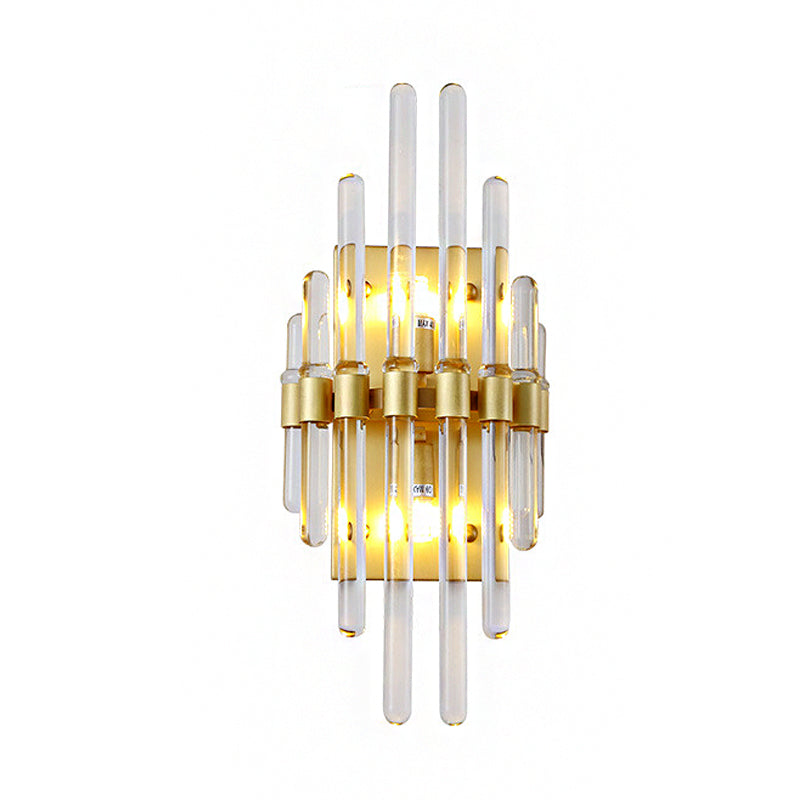 Clear Crystal Tube Wall Lighting Contemporary 2 Lights Wall Mounted Light in Brass for Living Room Clearhalo 'Cast Iron' 'Glass' 'Industrial' 'Modern wall lights' 'Modern' 'Tiffany' 'Traditional wall lights' 'Wall Lamps & Sconces' 'Wall Lights' Lighting' 223394