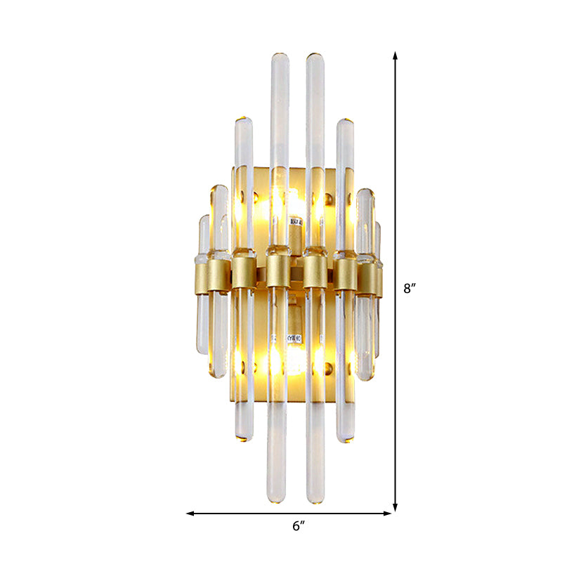 Clear Crystal Tube Wall Lighting Contemporary 2 Lights Wall Mounted Light in Brass for Living Room Clearhalo 'Cast Iron' 'Glass' 'Industrial' 'Modern wall lights' 'Modern' 'Tiffany' 'Traditional wall lights' 'Wall Lamps & Sconces' 'Wall Lights' Lighting' 223395