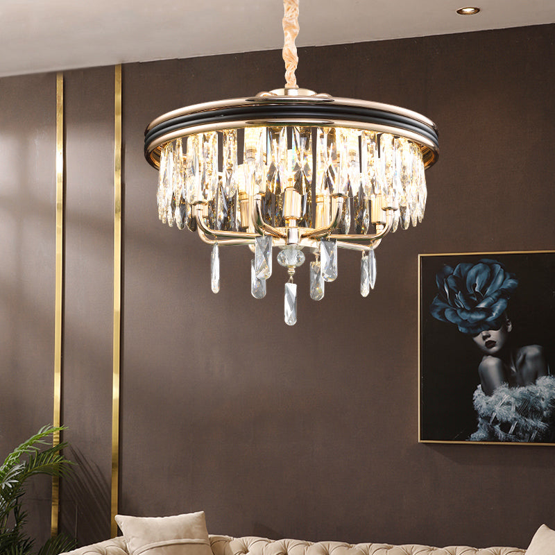 Modern Drum Ceiling Light Crystal Block 7/9 Lights Gold Chandelier Light, 18"/21.5" Wide Gold Clearhalo 'Ceiling Lights' 'Chandeliers' 'Modern Chandeliers' 'Modern' Lighting' 223412