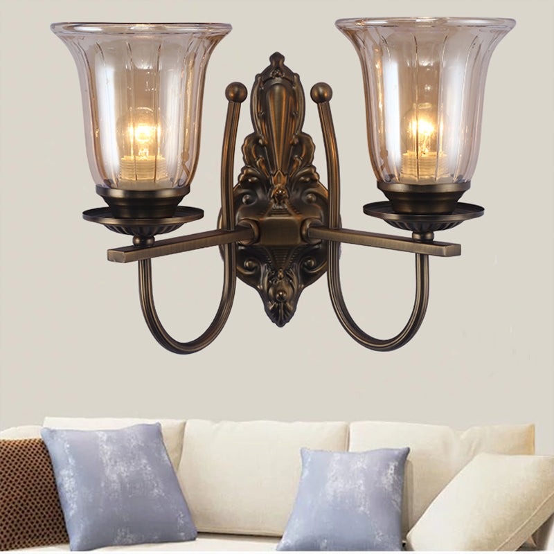 1/2-Light Clear Glass Wall Lamp Antique Bronze Bell Shade Living Room Sconce Light with Arched Arm 2.0 Bronze Clearhalo 'Wall Lamps & Sconces' 'Wall Lights' Lighting' 223439