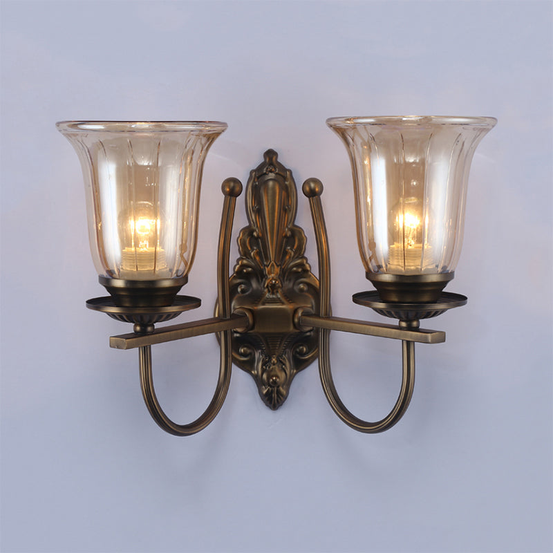 1/2-Light Clear Glass Wall Lamp Antique Bronze Bell Shade Living Room Sconce Light with Arched Arm Clearhalo 'Wall Lamps & Sconces' 'Wall Lights' Lighting' 223440