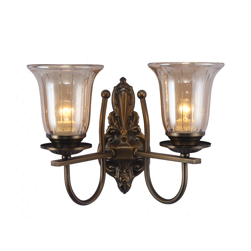 1/2-Light Clear Glass Wall Lamp Antique Bronze Bell Shade Living Room Sconce Light with Arched Arm Clearhalo 'Wall Lamps & Sconces' 'Wall Lights' Lighting' 223441