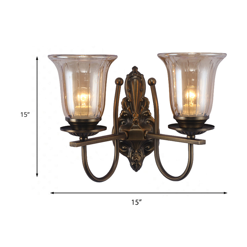 1/2-Light Clear Glass Wall Lamp Antique Bronze Bell Shade Living Room Sconce Light with Arched Arm Clearhalo 'Wall Lamps & Sconces' 'Wall Lights' Lighting' 223442